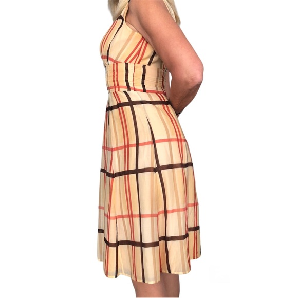 Bianca Nygard Sun Dress size 6 Petite yellow with orange & brown stripes lined - Picture 3 of 4